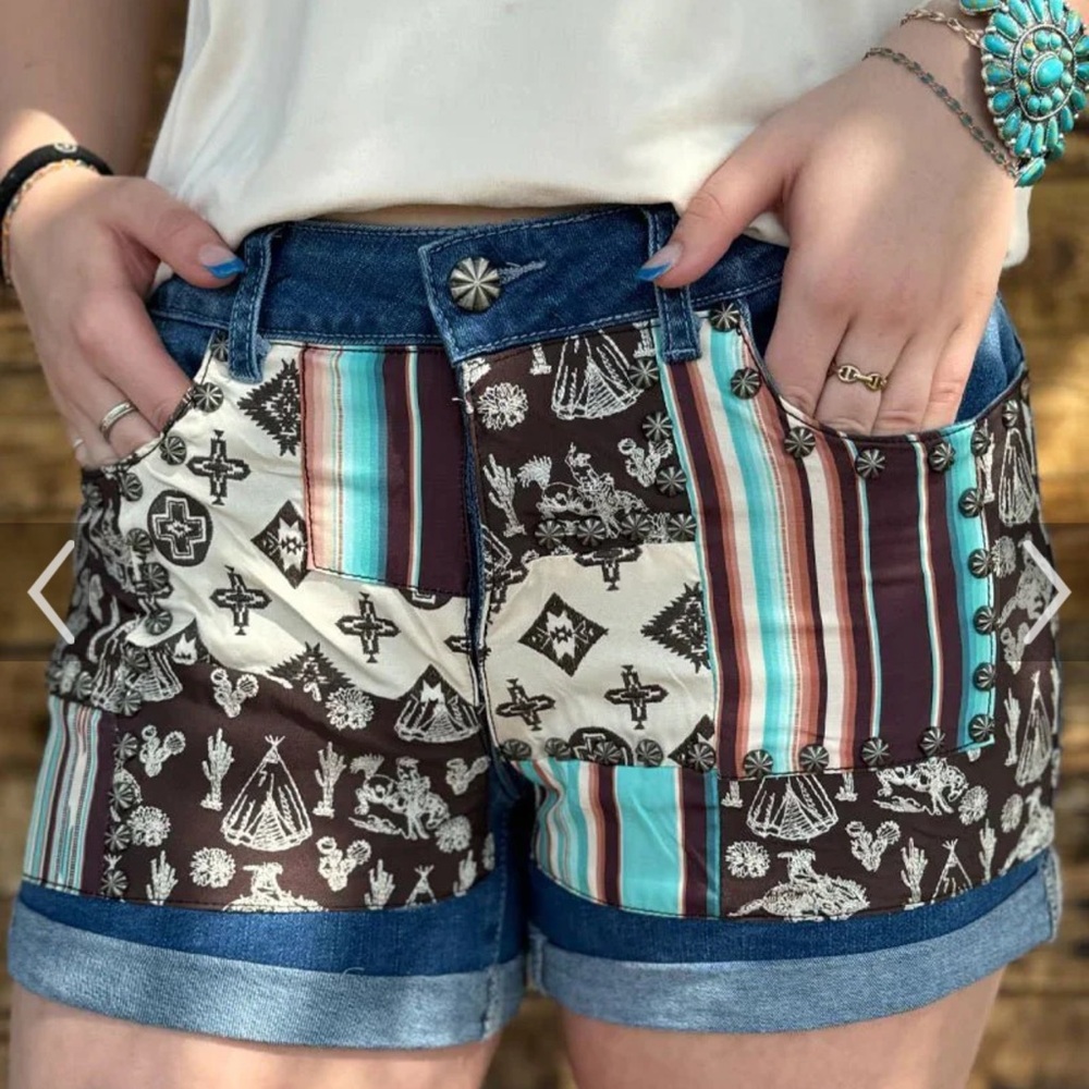 Boho Patchwork Denim Jean Shorts - Turquoise & Brown